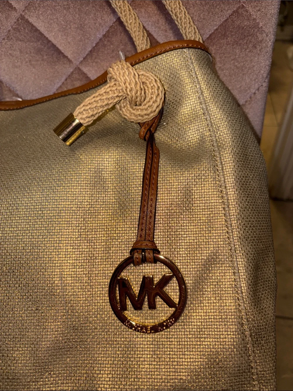 Michael Kors Gola Canvas Tote with Rope Handles and Gold MK Charm
